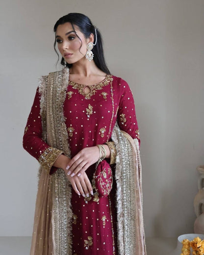 Maroon Majesty Heavy Embroidered Sharara Suit with Gold Net Dupatta - Drapes Dress