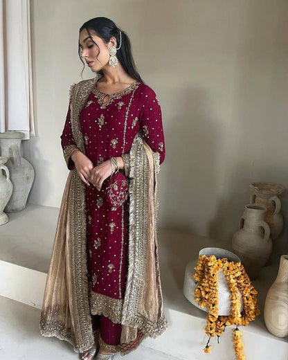 Maroon Majesty Heavy Embroidered Sharara Suit with Gold Net Dupatta - Drapes Dress