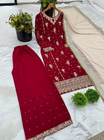 Maroon Majesty Heavy Embroidered Sharara Suit with Gold Net Dupatta - Drapes Dress