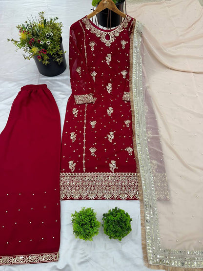 Maroon Majesty Heavy Embroidered Sharara Suit with Gold Net Dupatta - Drapes Dress