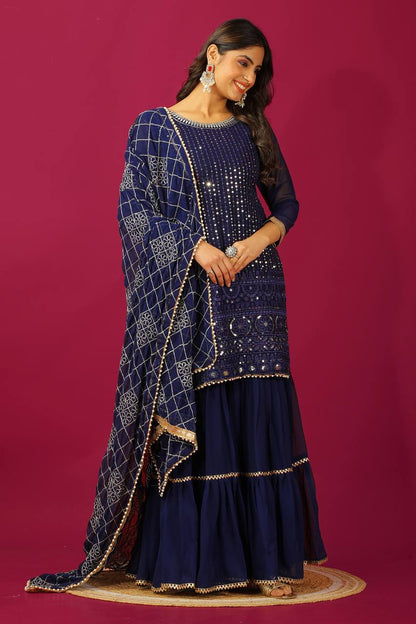Zari Mirror Work Georgette Sharara Suit Set - Drapes Dress