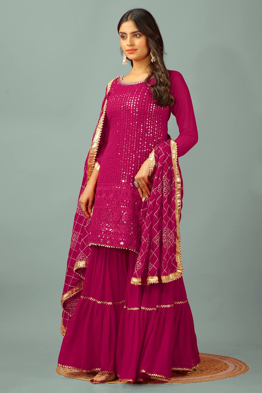 Zari Mirror Work Georgette Sharara Suit Set - Drapes Dress