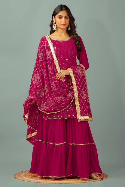 Zari Mirror Work Georgette Sharara Suit Set - Drapes Dress