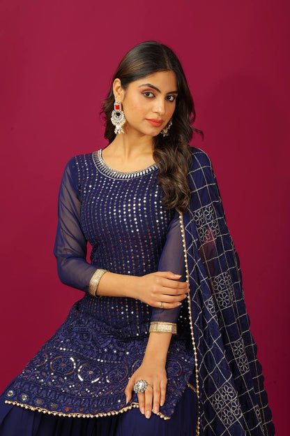 Zari Mirror Work Georgette Sharara Suit Set - Drapes Dress