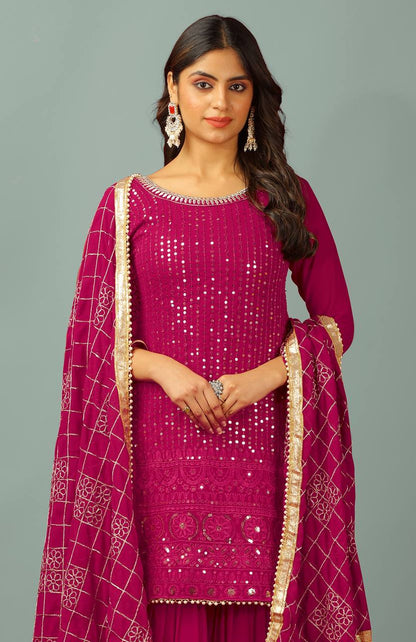 Zari Mirror Work Georgette Sharara Suit Set - Drapes Dress