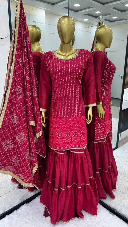 Zari Mirror Work Georgette Sharara Suit Set - Drapes Dress