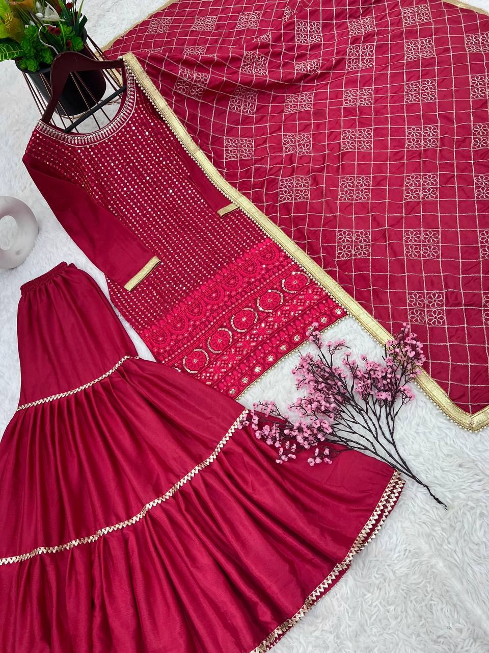 Zari Mirror Work Georgette Sharara Suit Set - Drapes Dress