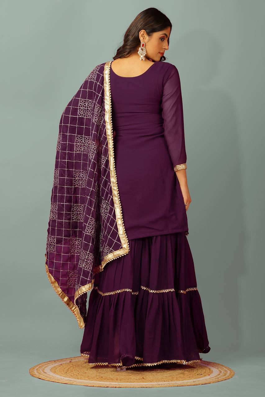 Zari Mirror Work Georgette Sharara Suit Set - Drapes Dress