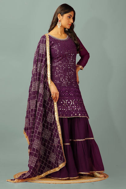 Zari Mirror Work Georgette Sharara Suit Set - Drapes Dress