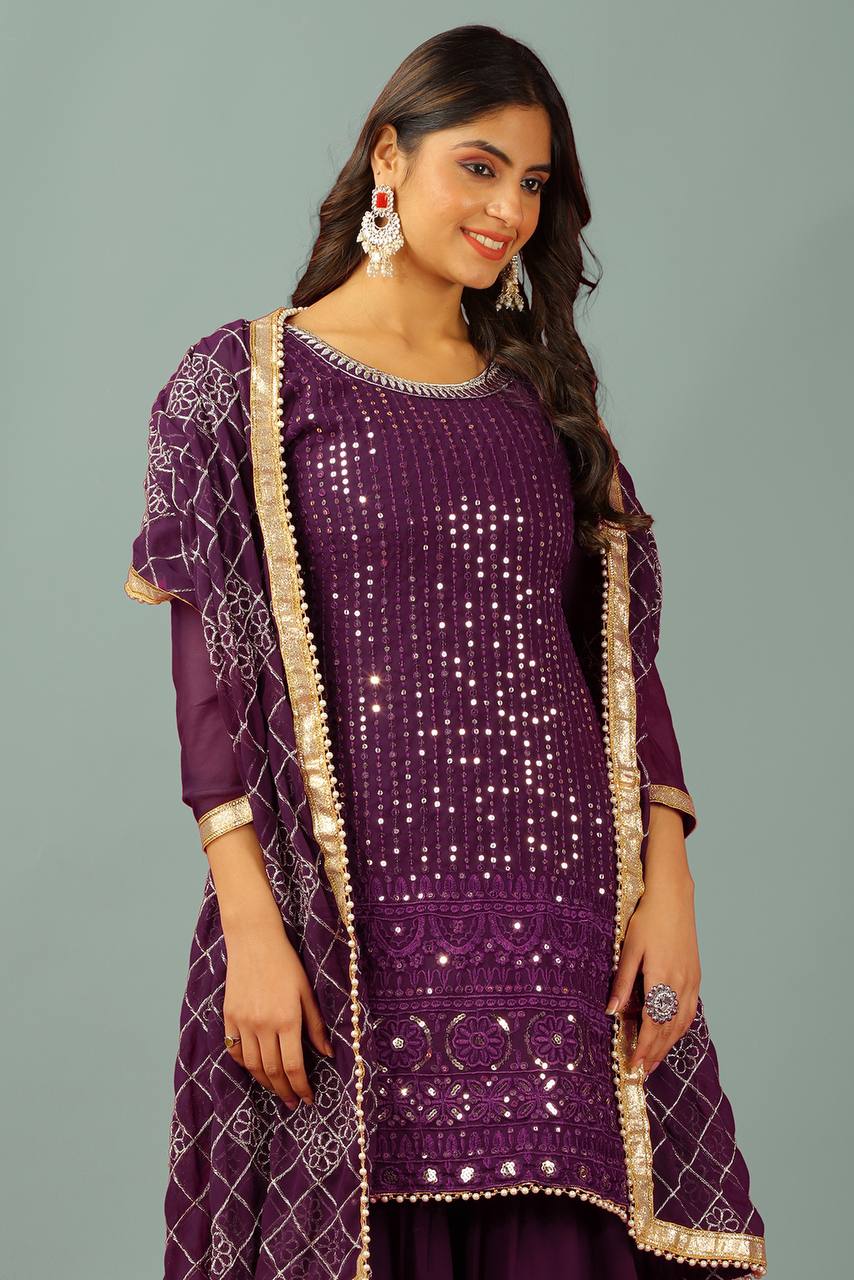 Zari Mirror Work Georgette Sharara Suit Set - Drapes Dress