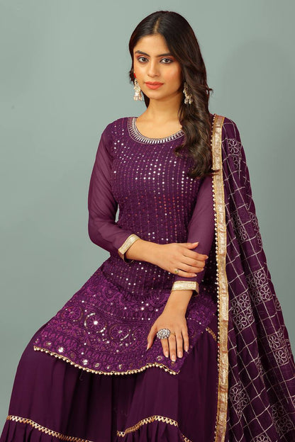 Zari Mirror Work Georgette Sharara Suit Set - Drapes Dress