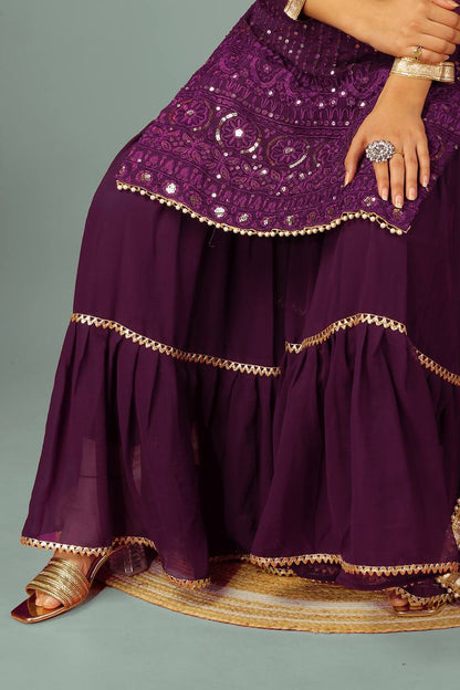 Zari Mirror Work Georgette Sharara Suit Set - Drapes Dress
