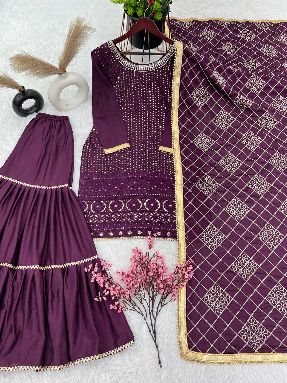 Zari Mirror Work Georgette Sharara Suit Set - Drapes Dress