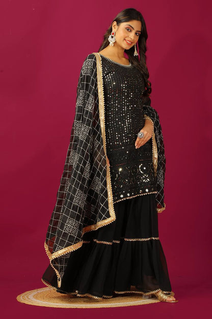 Zari Mirror Work Georgette Sharara Suit Set - Drapes Dress