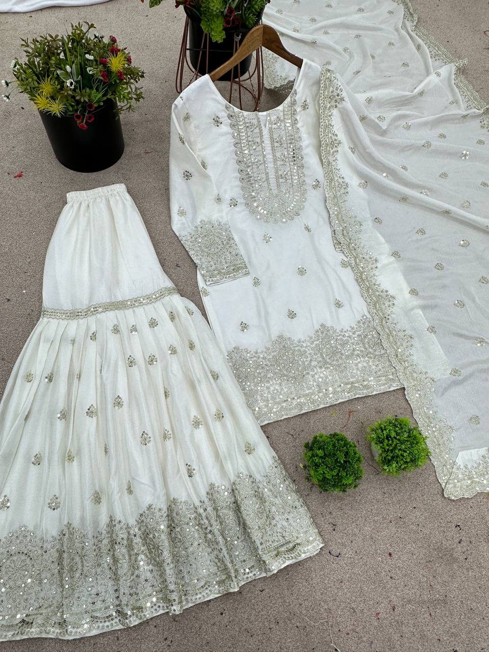Ivory Golden Zari Embroidered Sharara Suit - Drapes Dress