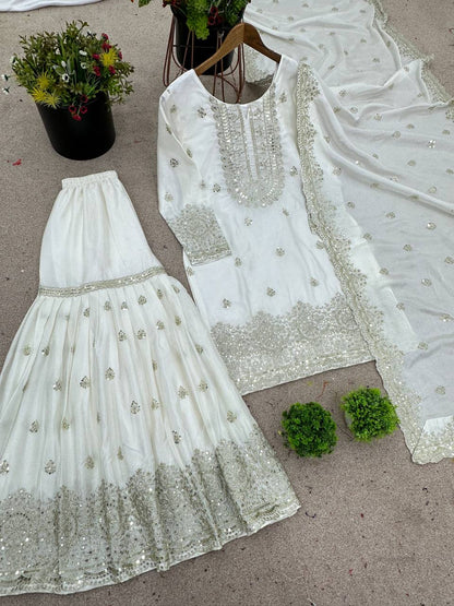 Ivory Golden Zari Embroidered Sharara Suit - Drapes Dress