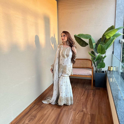 Ivory Golden Zari Embroidered Sharara Suit - Drapes Dress