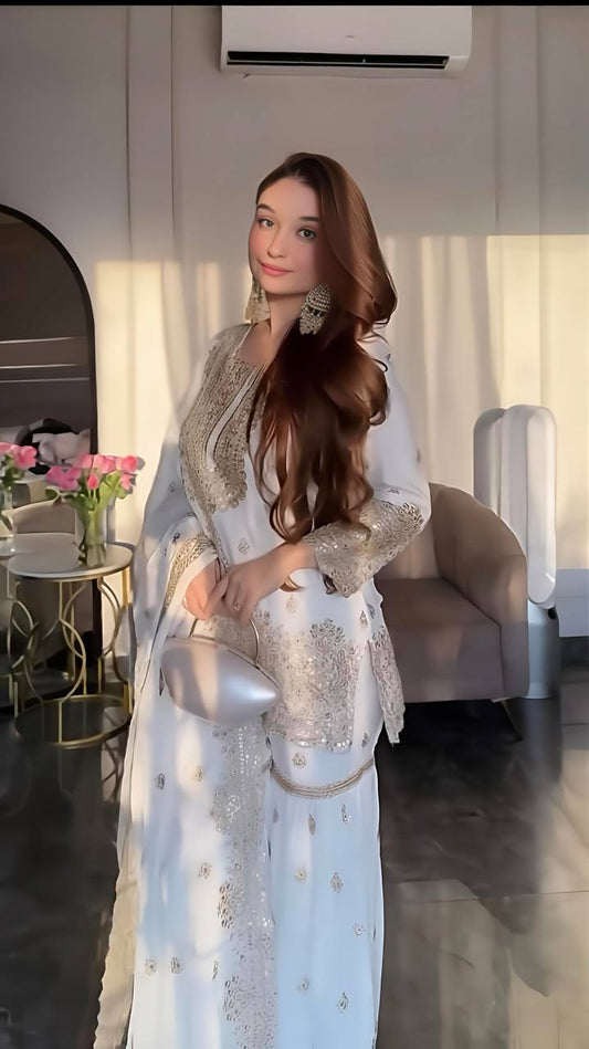 Ivory Golden Zari Embroidered Sharara Suit - Drapes Dress
