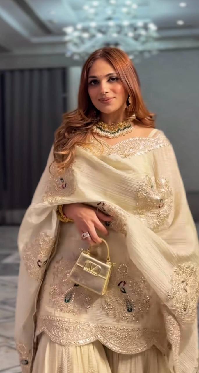 Golden Pearl Embroidered Luxury Sharara Set - Drapes Dress