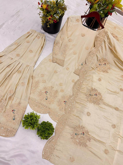 Golden Pearl Embroidered Luxury Sharara Set - Drapes Dress