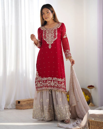 Crimson Royal Zari Embroidered Sharara Set - Drapes Dress