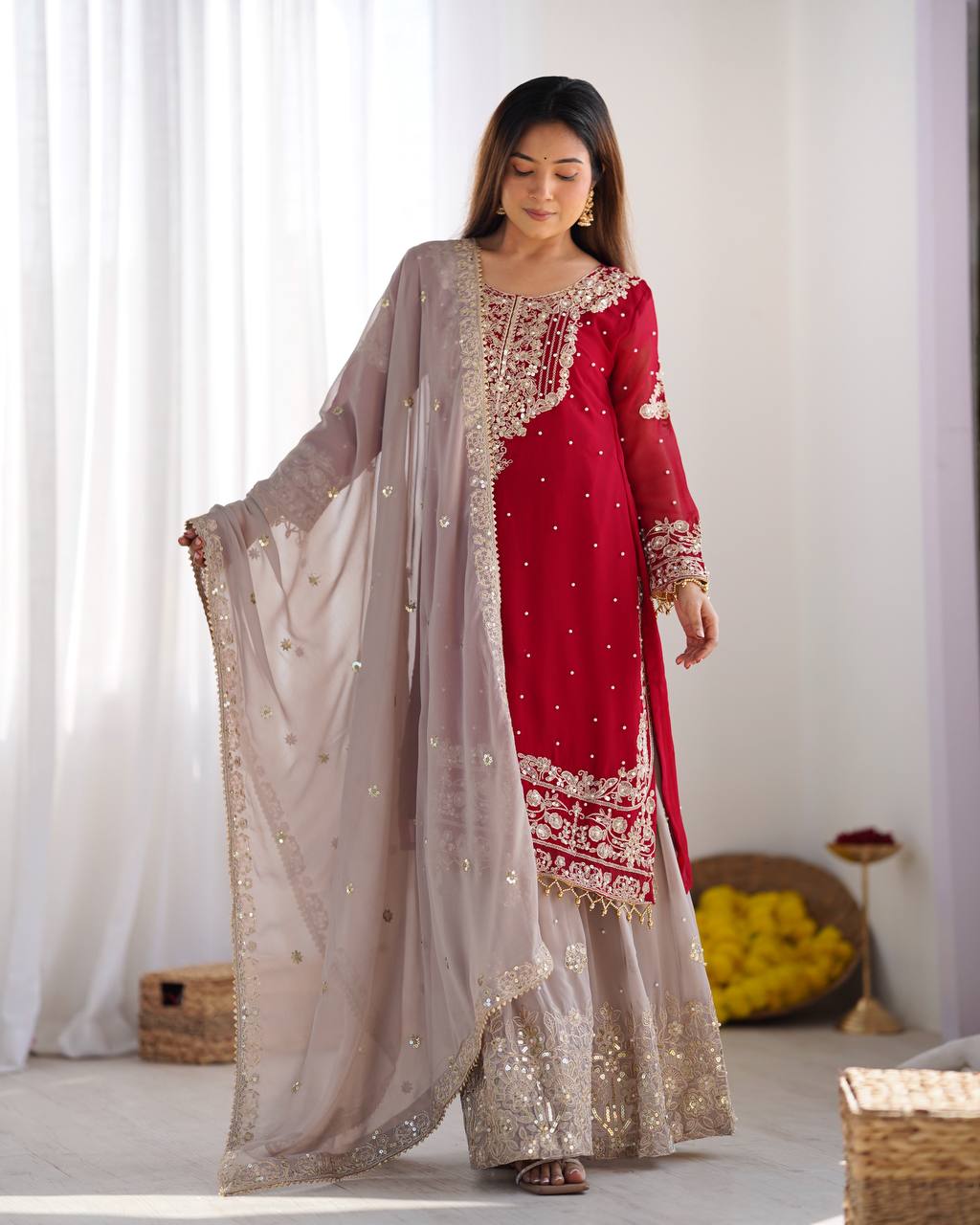 Crimson Royal Zari Embroidered Sharara Set - Drapes Dress