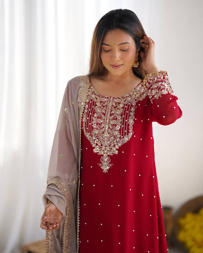 Crimson Royal Zari Embroidered Sharara Set - Drapes Dress