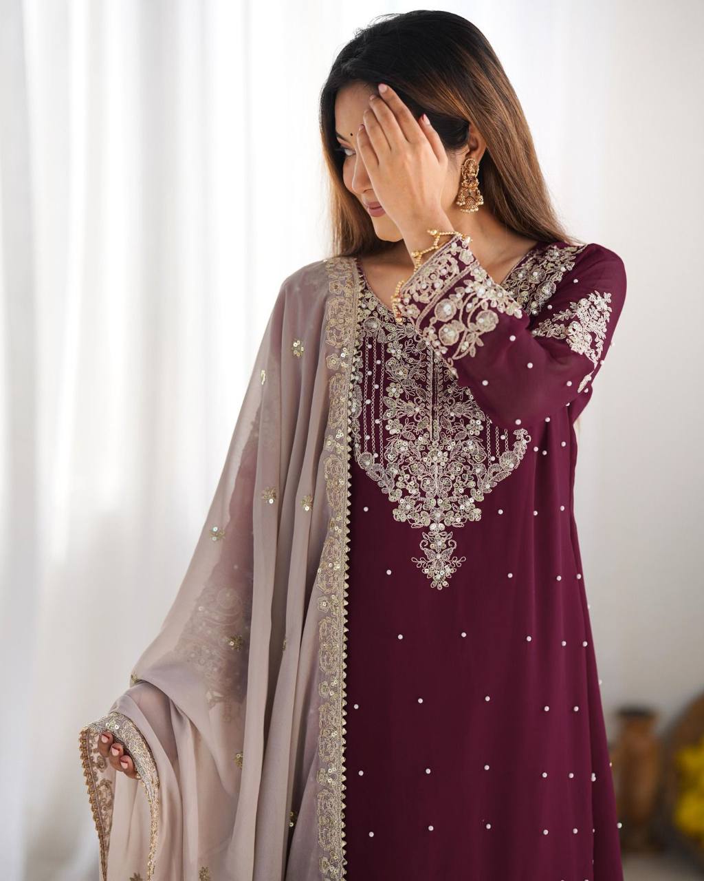 Crimson Royal Zari Embroidered Sharara Set - Drapes Dress