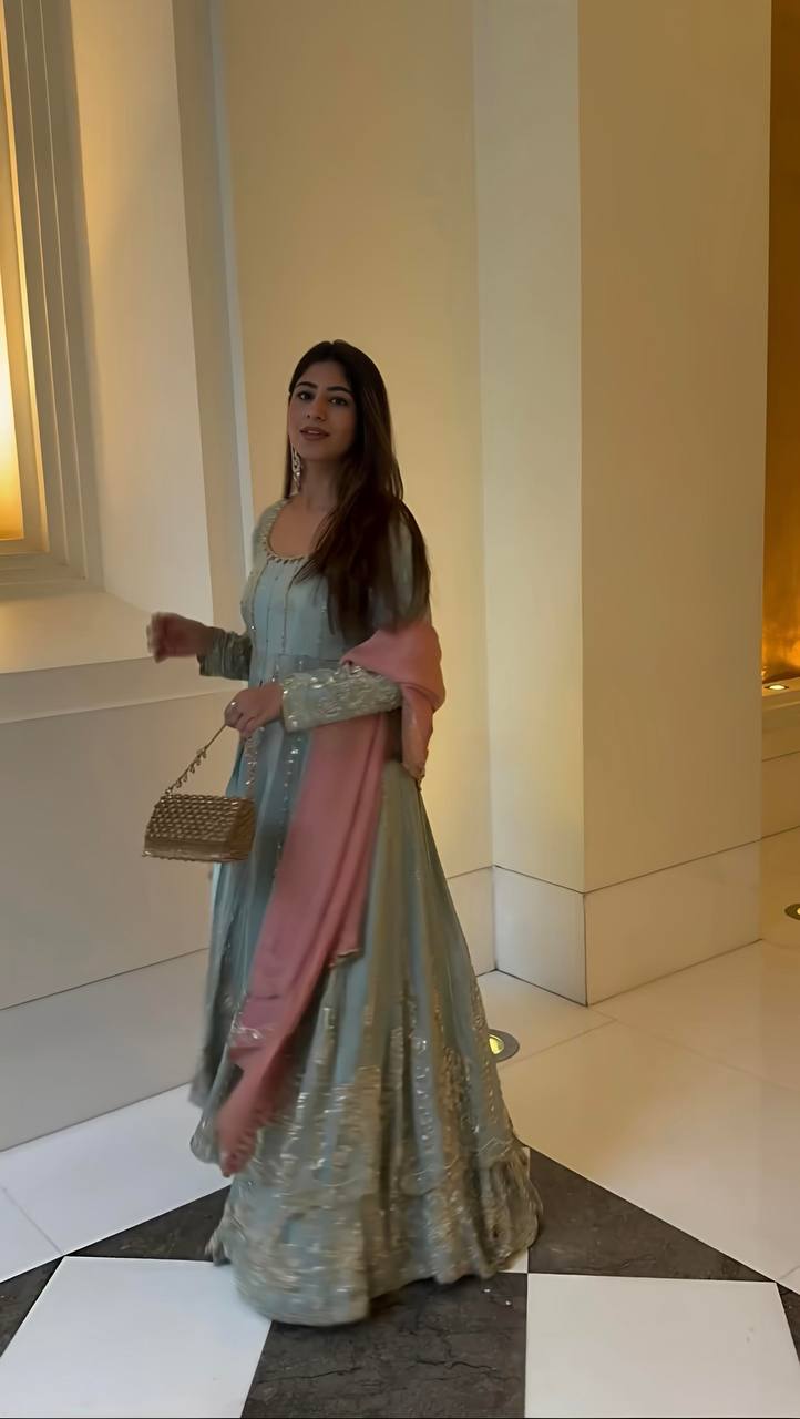 Pastel Mint Golden Anarkali Gown Set - Drapes Dress