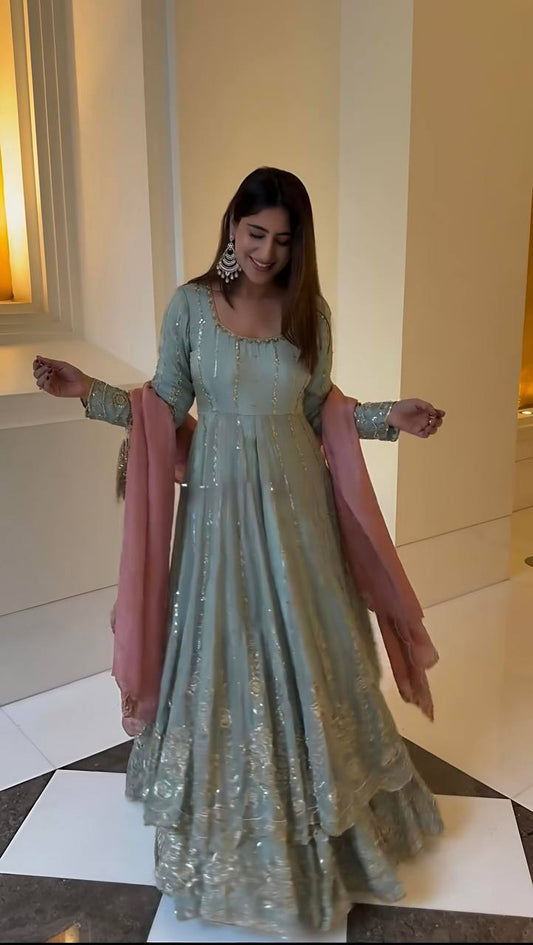 Pastel Mint Golden Anarkali Gown Set - Drapes Dress