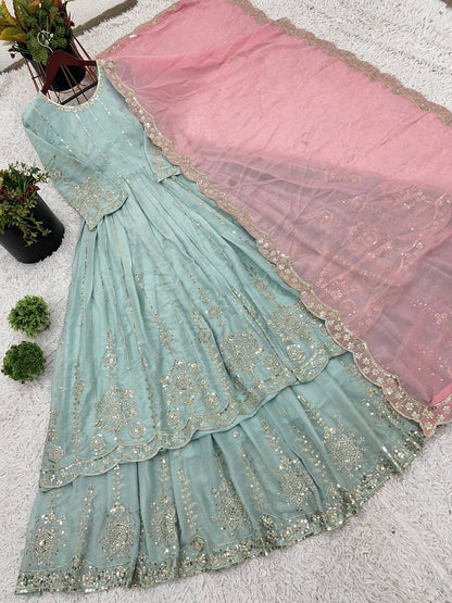 Pastel Mint Golden Anarkali Gown Set - Drapes Dress