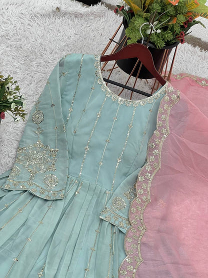 Pastel Mint Golden Anarkali Gown Set - Drapes Dress
