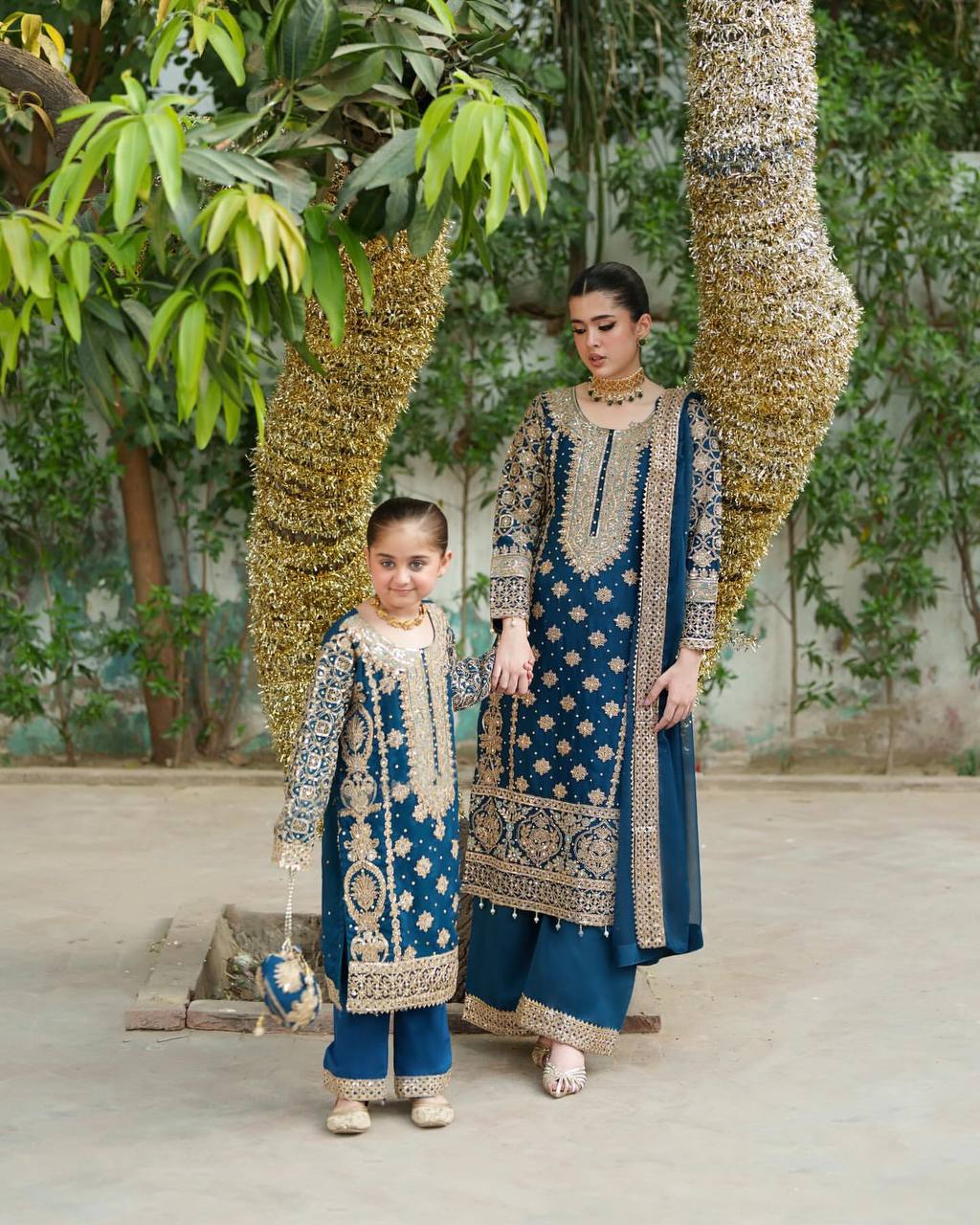 Mother-Daughter Royal Blue Heavy Embroidered Sharara Set