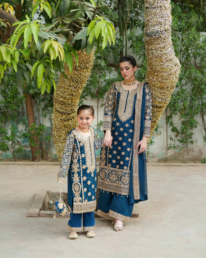 Mother-Daughter Royal Blue Heavy Embroidered Sharara Set