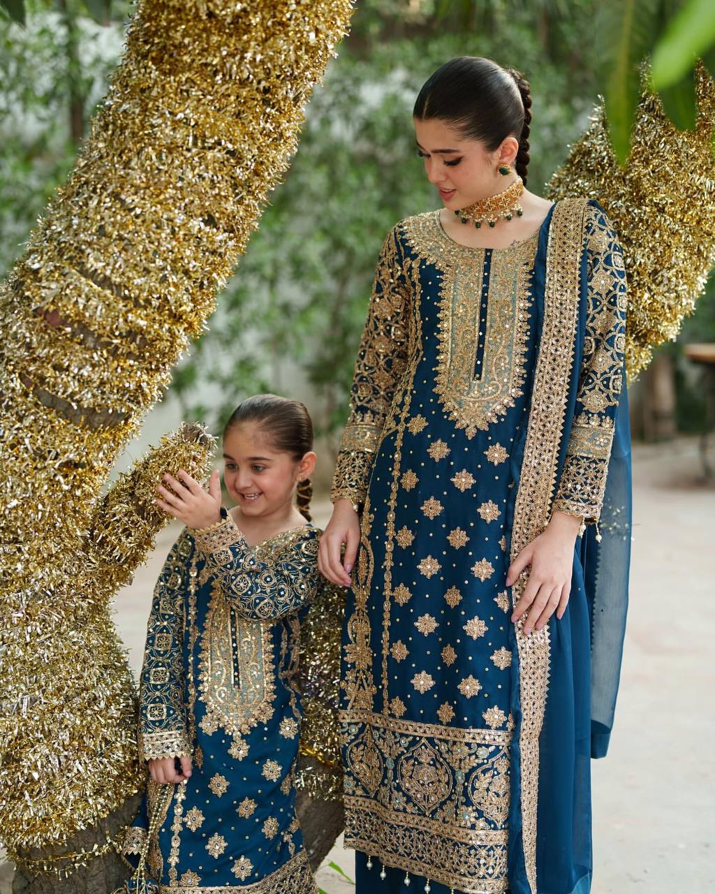 Mother-Daughter Royal Blue Heavy Embroidered Sharara Set