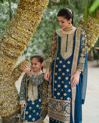 Mother-Daughter Royal Blue Heavy Embroidered Sharara Set