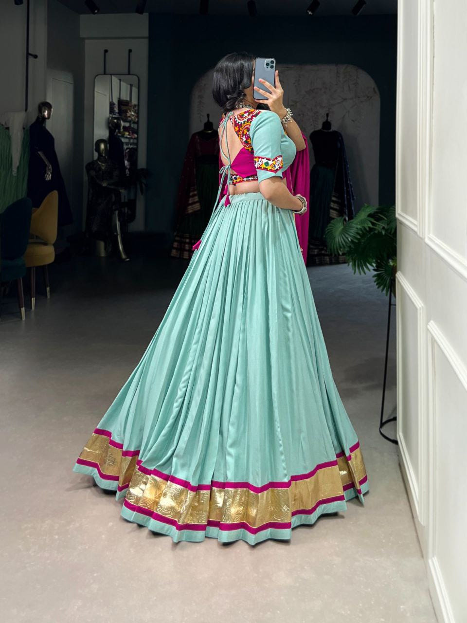Mint Green Mirror Work Rayon Lehenga Choli with Magenta Dupatta – Navratri Special Garba Outfit
