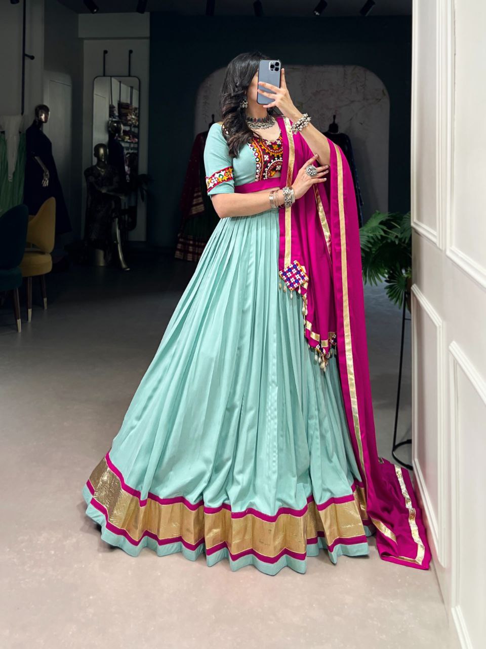 Mint Green Mirror Work Rayon Lehenga Choli with Magenta Dupatta – Navratri Special Garba Outfit