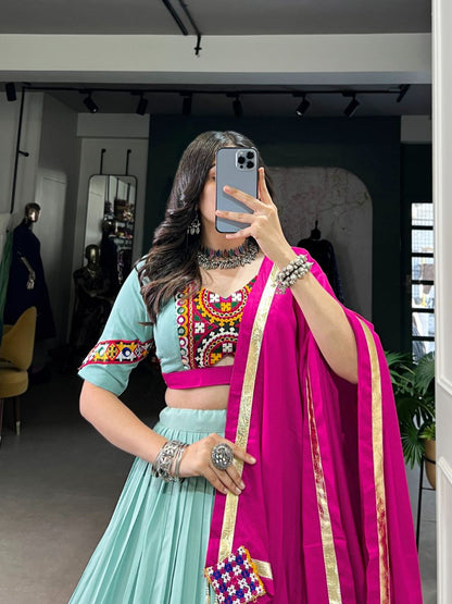 Mint Green Mirror Work Rayon Lehenga Choli with Magenta Dupatta – Navratri Special Garba Outfit