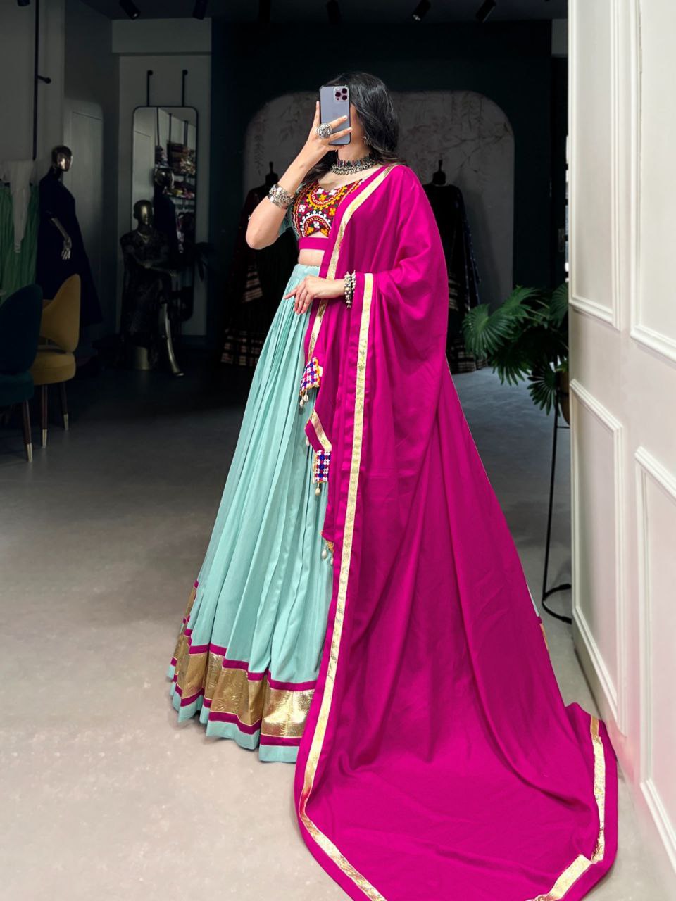 Mint Green Mirror Work Rayon Lehenga Choli with Magenta Dupatta – Navratri Special Garba Outfit