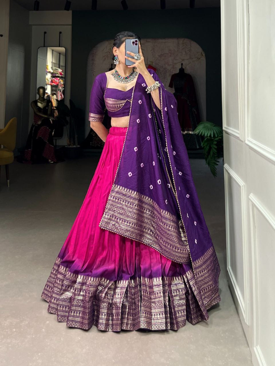 Purple and Rani Pink Bandhani Print Lehenga Choli with Gota Patti Dupatta