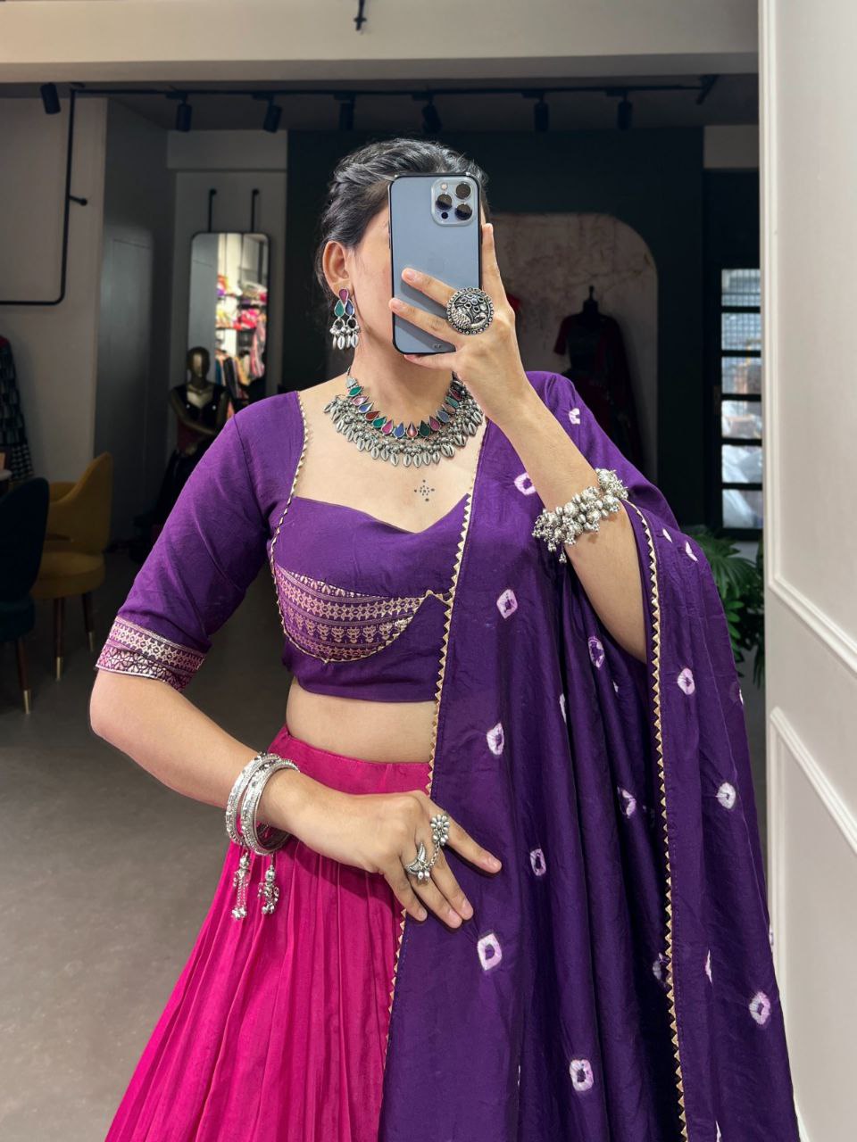 Purple and Rani Pink Bandhani Print Lehenga Choli with Gota Patti Dupatta