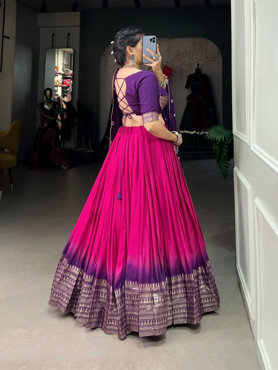 Purple and Rani Pink Bandhani Print Lehenga Choli with Gota Patti Dupatta