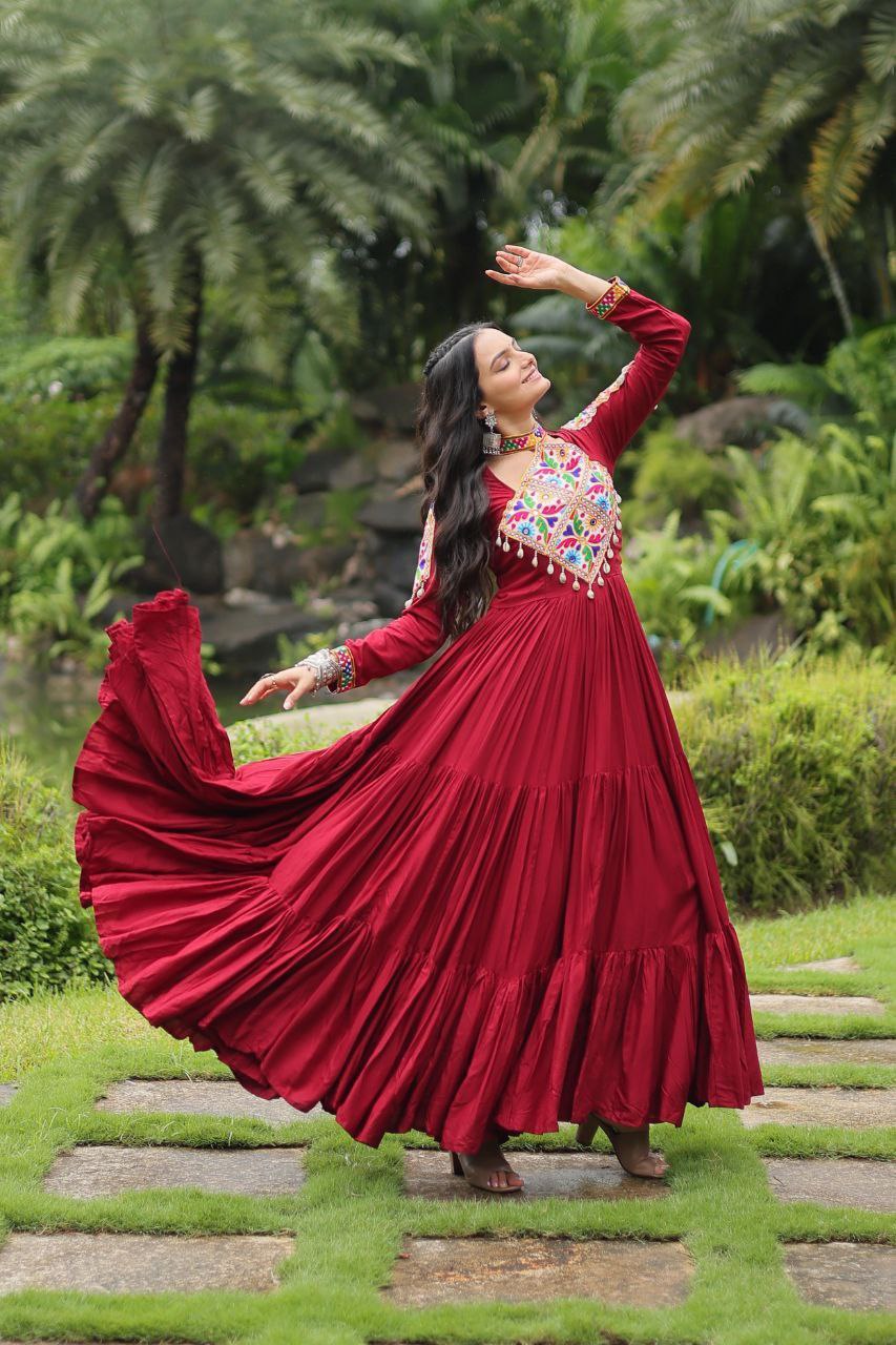 Maroon Mirror Work Rayon Anarkali Gown – Festive Navratri Garba Dress