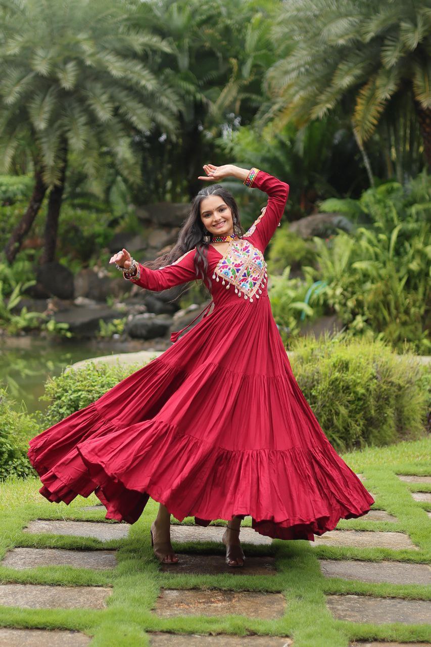 Maroon Mirror Work Rayon Anarkali Gown – Festive Navratri Garba Dress