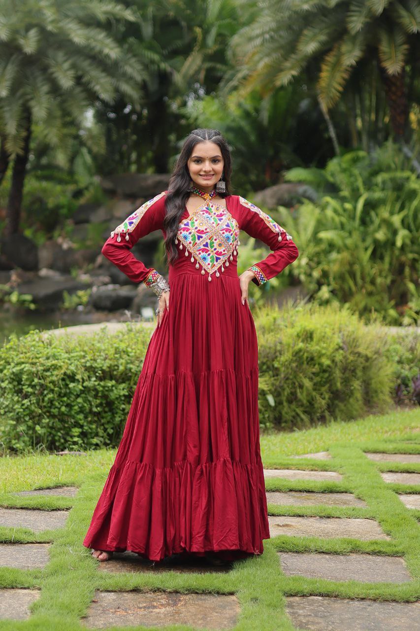 Maroon Mirror Work Rayon Anarkali Gown – Festive Navratri Garba Dress
