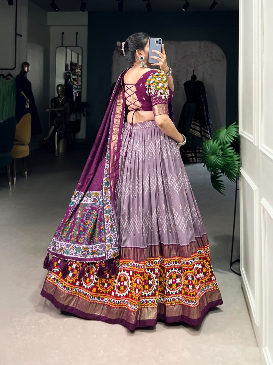 Dusty Purple and Multicolor Embroidered Navratri Lehenga Choli Set with Patola-Inspired Border