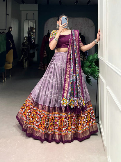 Dusty Purple and Multicolor Embroidered Navratri Lehenga Choli Set with Patola-Inspired Border