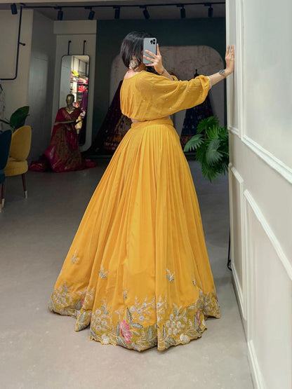 Mustard Yellow Pleated Skirt and Pearl Work Crop Top Co-ord Set – Festive Fusion Wear