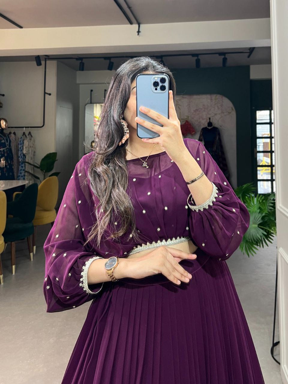 Wine Purple Pleated Skirt and Pearl Embellished Crop Top Co-ord Set – Elegant Indo-Western Look